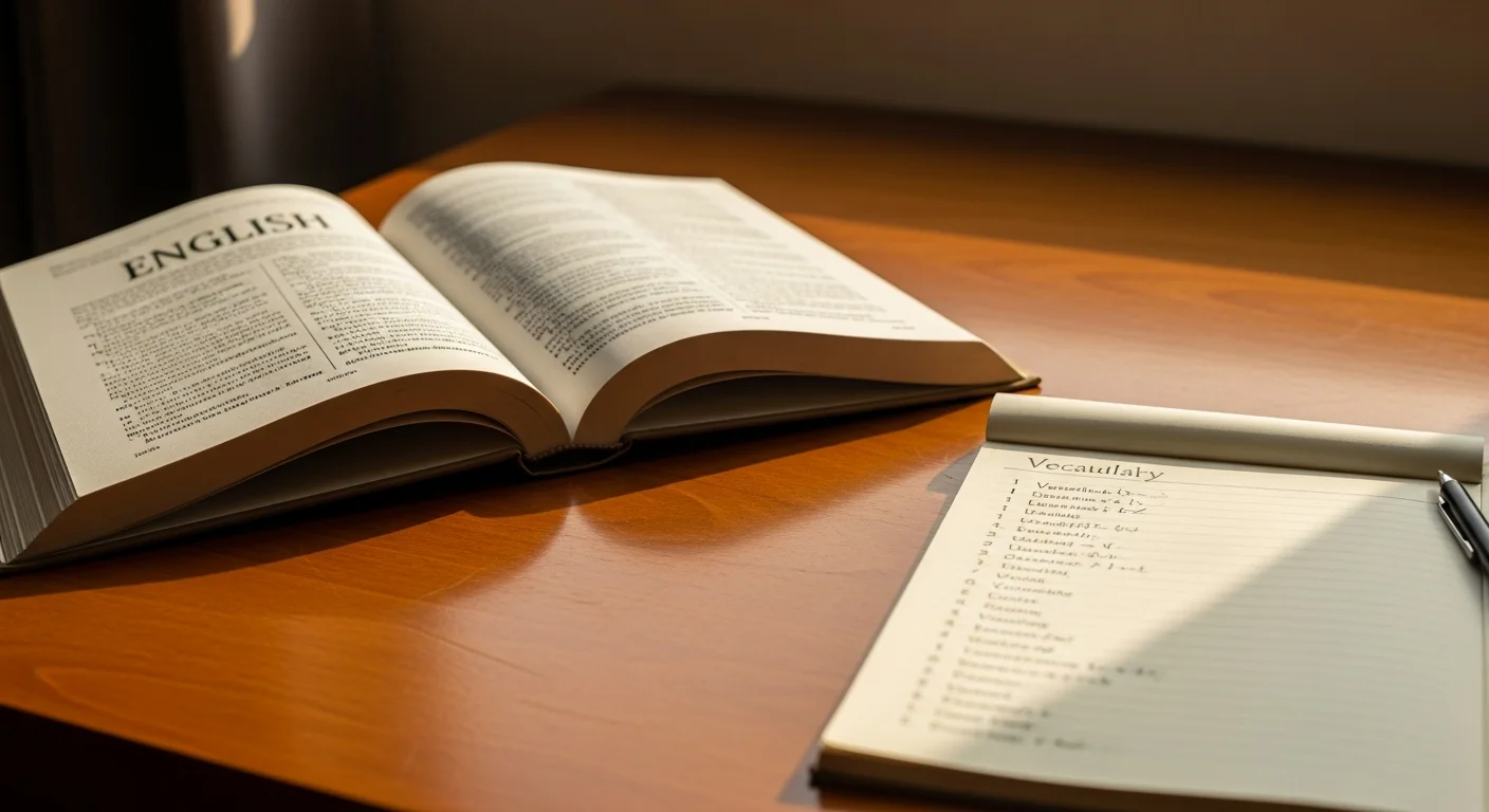 Offenes englisches Lehrbuch mit handschriftlichen Notizen auf einem warmen Holzschreibtisch